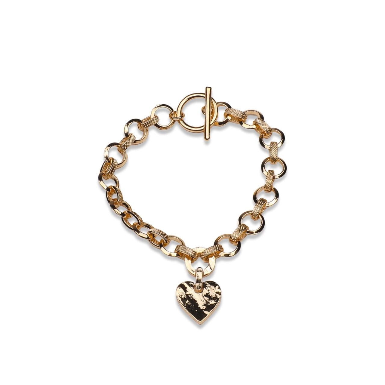 Zelly Gold Link T-Bar Bracelet with Textured Heart Charm