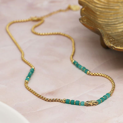 POM Turquoise Beaded & Gold Chain Necklace