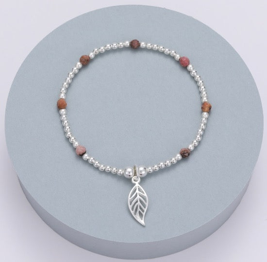Gracee Jewellery Beaded Pink Tourmaline & Silver Leaf Bracelet -  Silver