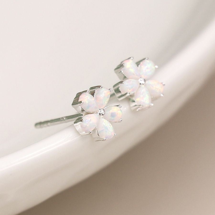 POM Sterling Silver & White Opal Flower Stud Earrings