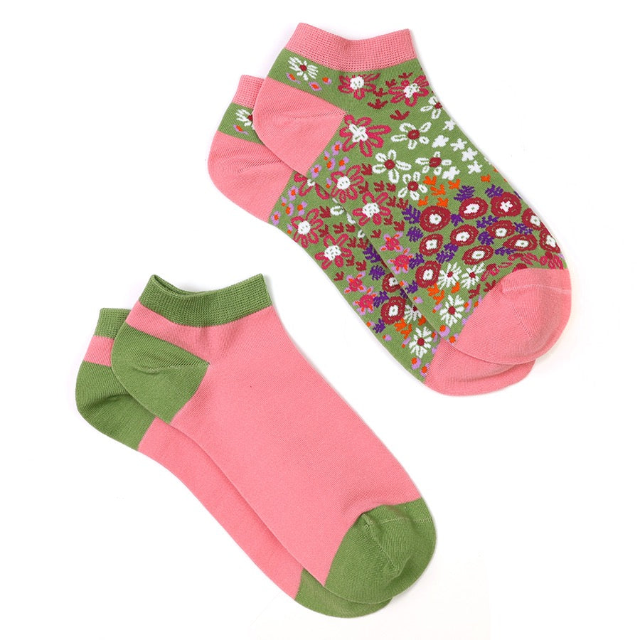 POM - Coral Pink &amp; Olive Green Blossoms Floral - Ladies Trainers Socks - Pack of 2