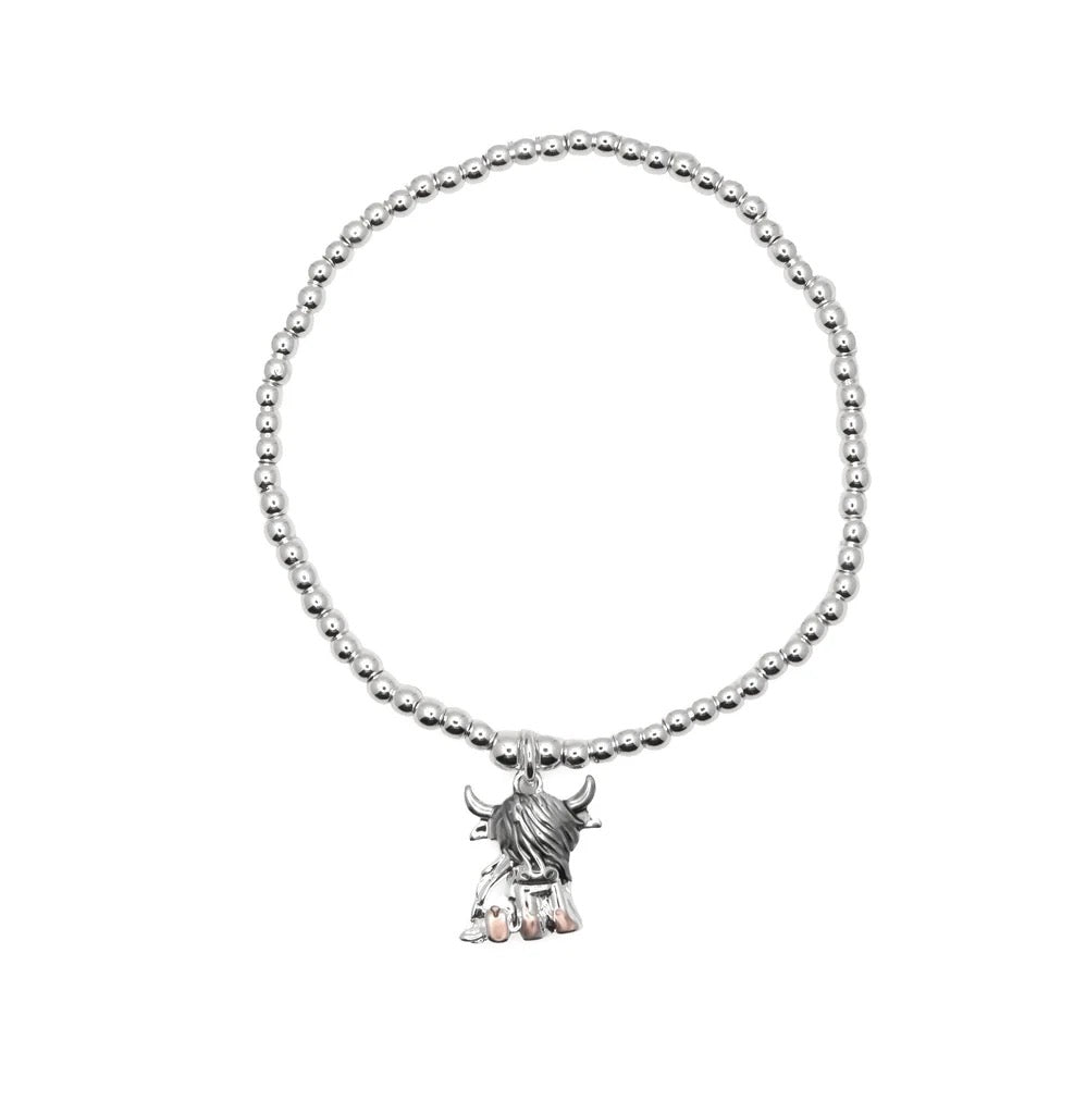 Byzantium - HighLand Cow Charm- Beaded Bracelet - Silver