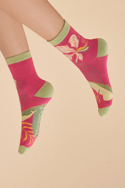 Powder Delicate Tropical Ladies Bamboo Ankle Socks - Dark Rose