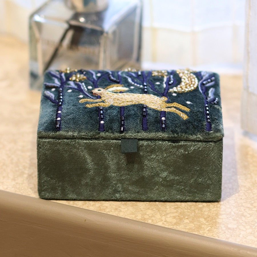 POM Midnight Green Velvet Leaping Hare Embroidered Small Jewellery Box