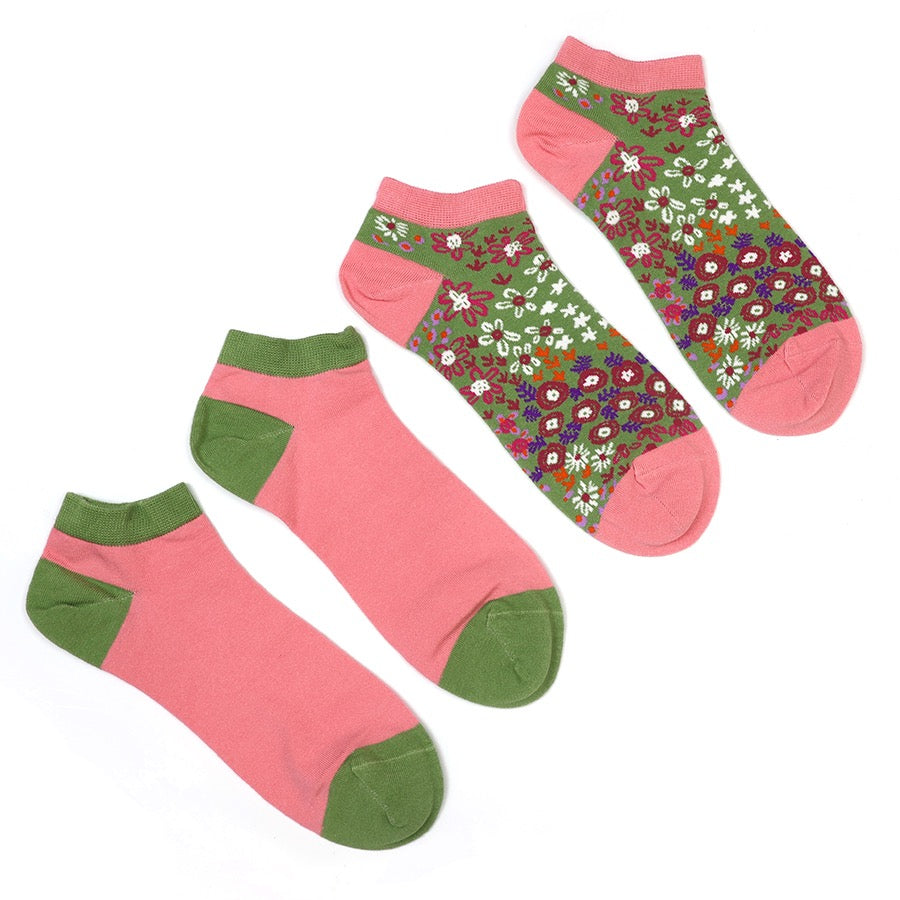 POM - Coral Pink &amp; Olive Green Blossoms Floral - Ladies Trainers Socks - Pack of 2