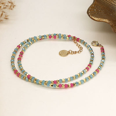 POM Hot Pink/Aqua Glass & Gold Faceted Beaded Full Necklace