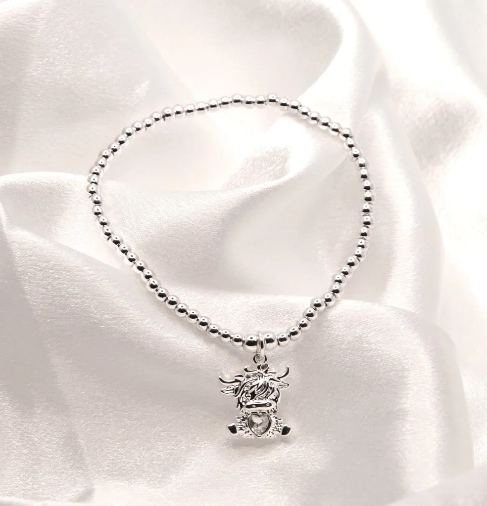 Byzantium - HighLand Cow Diamante Charm- Beaded Bracelet - Silver