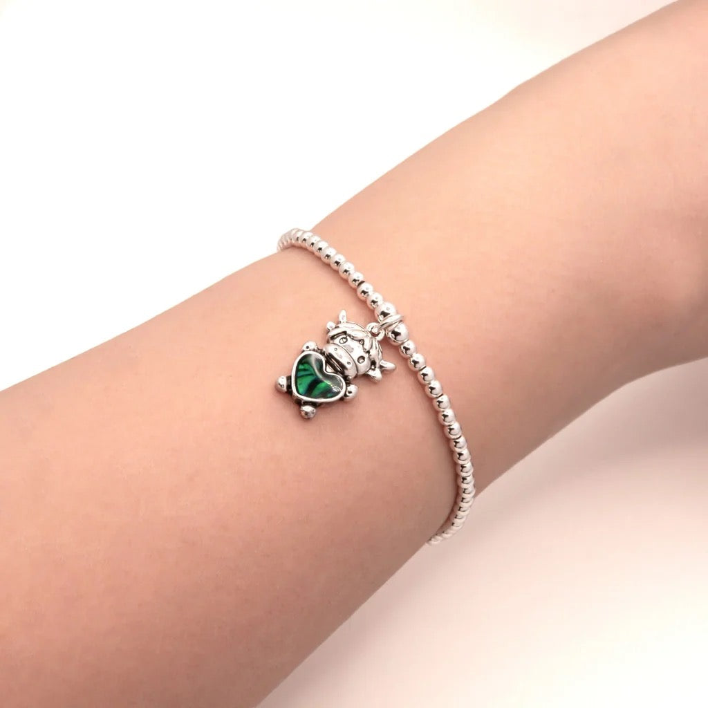 Byzantium - Bessie HighLand Cow Pearl Shell Charm- Beaded Bracelet - Silver