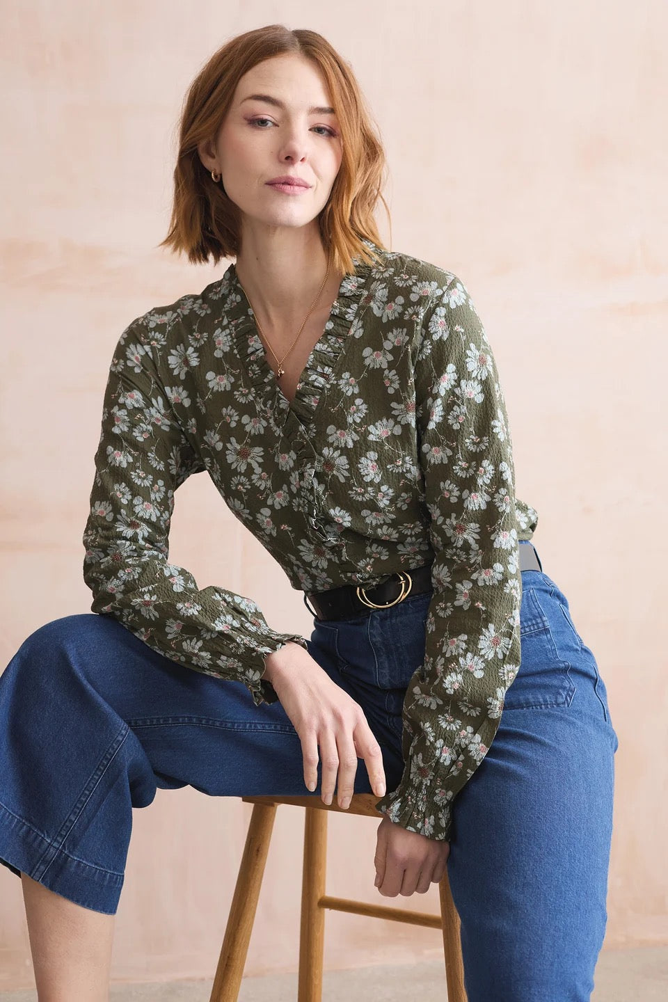 Kit Ruffle Textured Crepe Printed Blouse - Olive Green - Lily &amp; Me