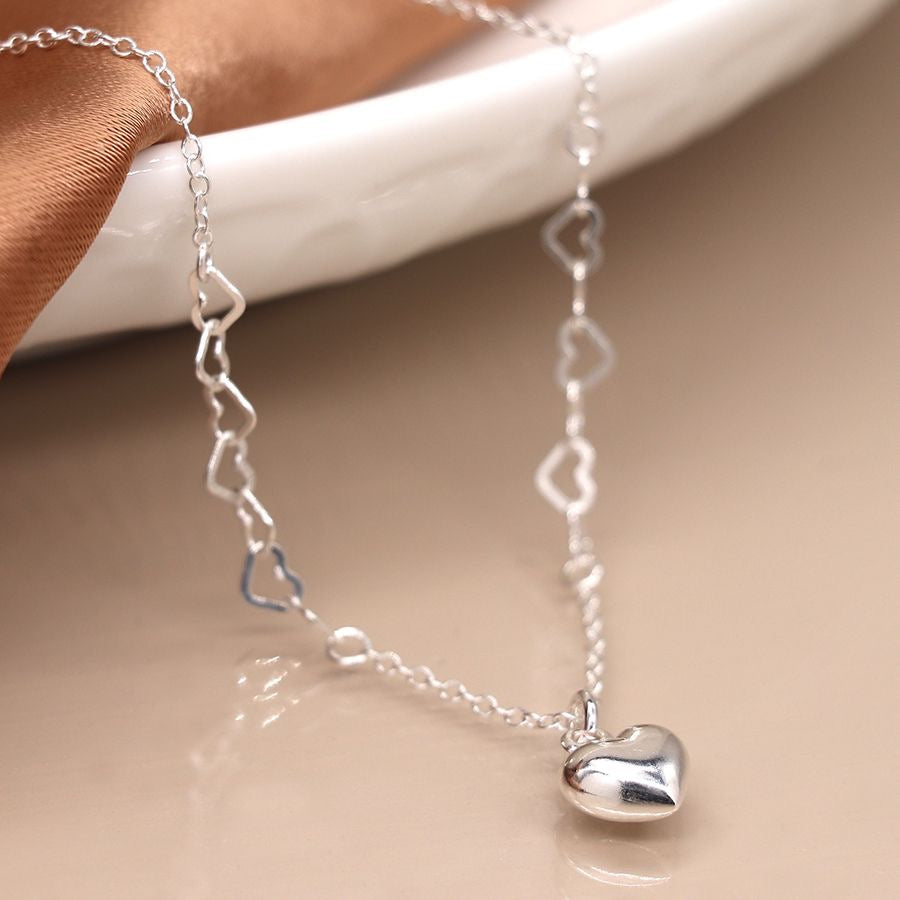 POM Sterling Silver Heart Chain and Puff Heart Charm Necklace