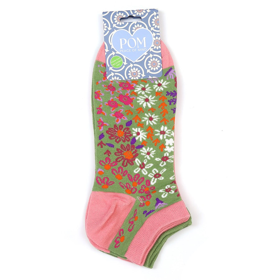 POM - Coral Pink &amp; Olive Green Blossoms Floral - Ladies Trainers Socks - Pack of 2