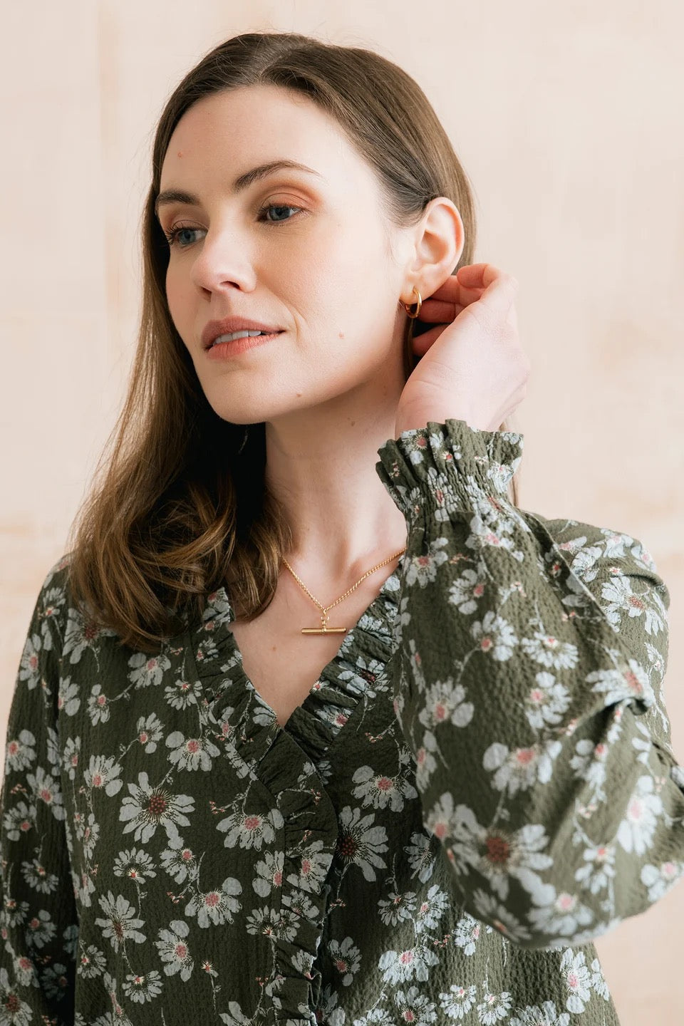 Kit Ruffle Textured Crepe Printed Blouse - Olive Green - Lily &amp; Me