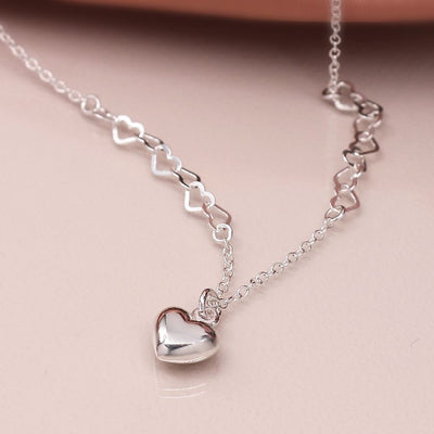 POM Sterling Silver Heart Chain and Puff Heart Charm Necklace