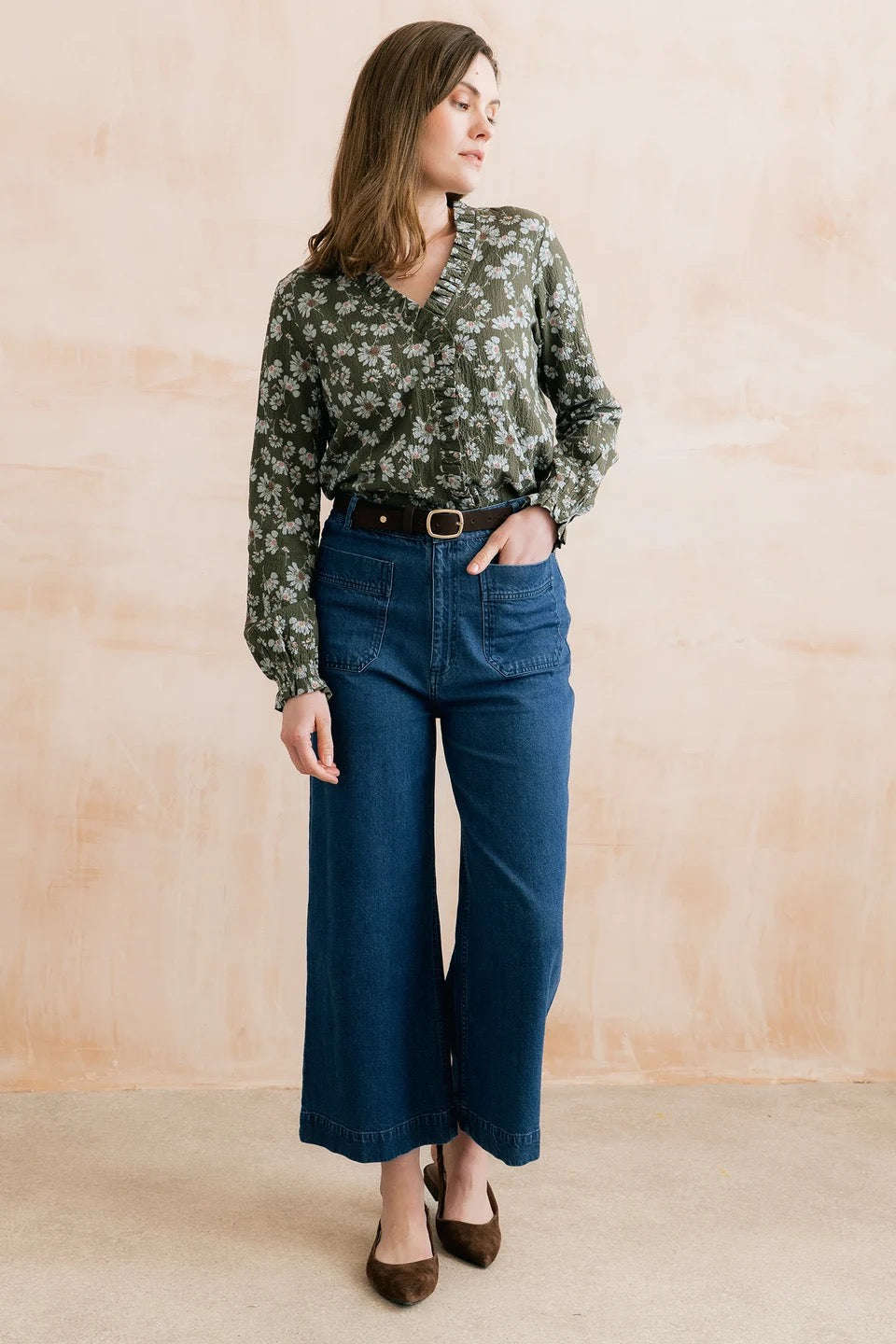 Kit Ruffle Textured Crepe Printed Blouse - Olive Green - Lily &amp; Me
