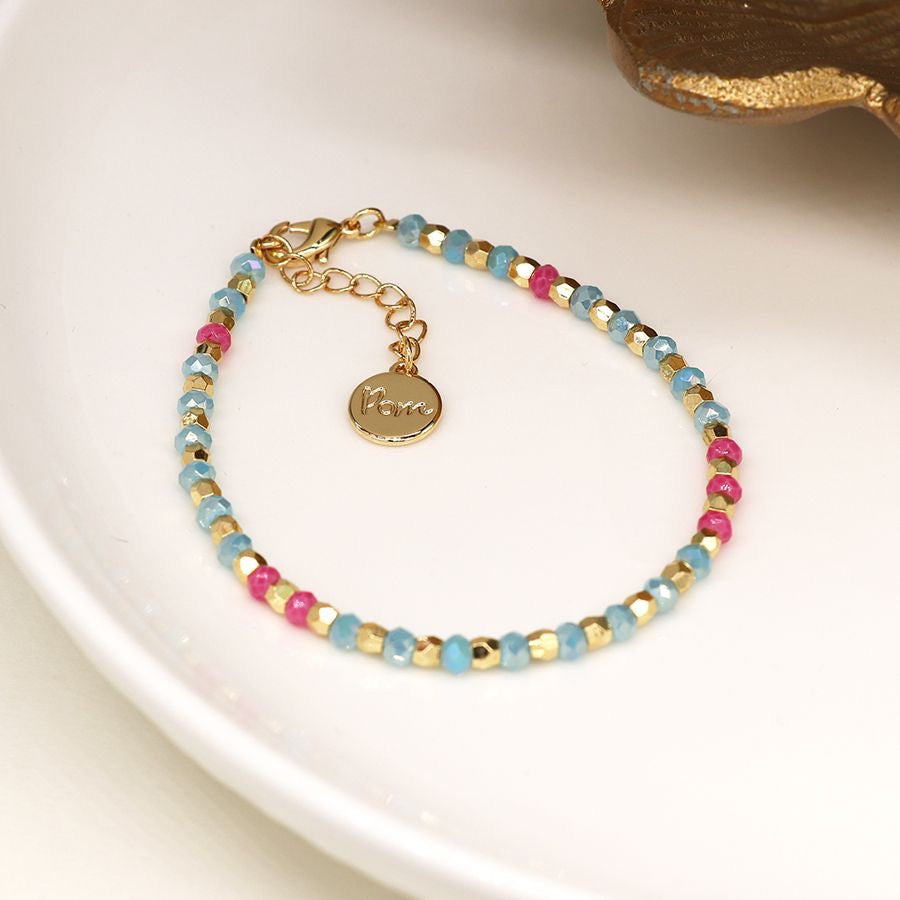 POM Hot Pink/Aqua Glass & Gold Faceted Beaded Bracelet
