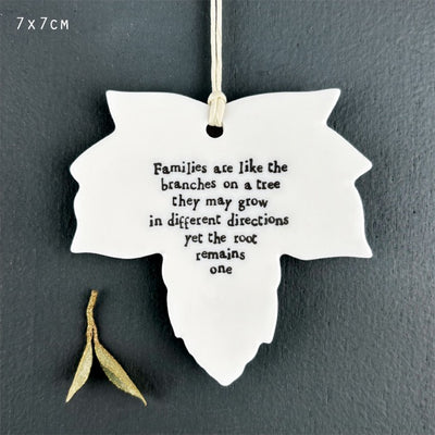 East of India Porcelain Hanging Leaf Decoration - Families are Like the Branches