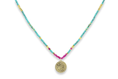 Boho Betty Odin Turquoise Pink Gemstone Gold Disc Necklace