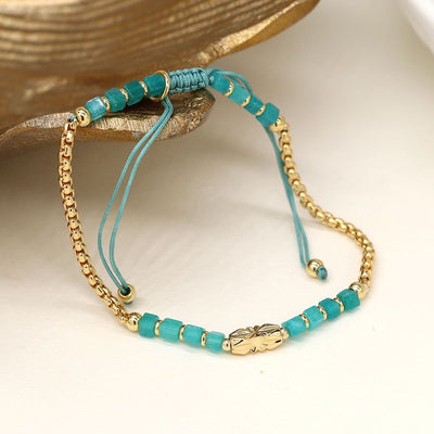 POM Turquoise & Gold Beaded & Chain Adjustable Slider Bracelet