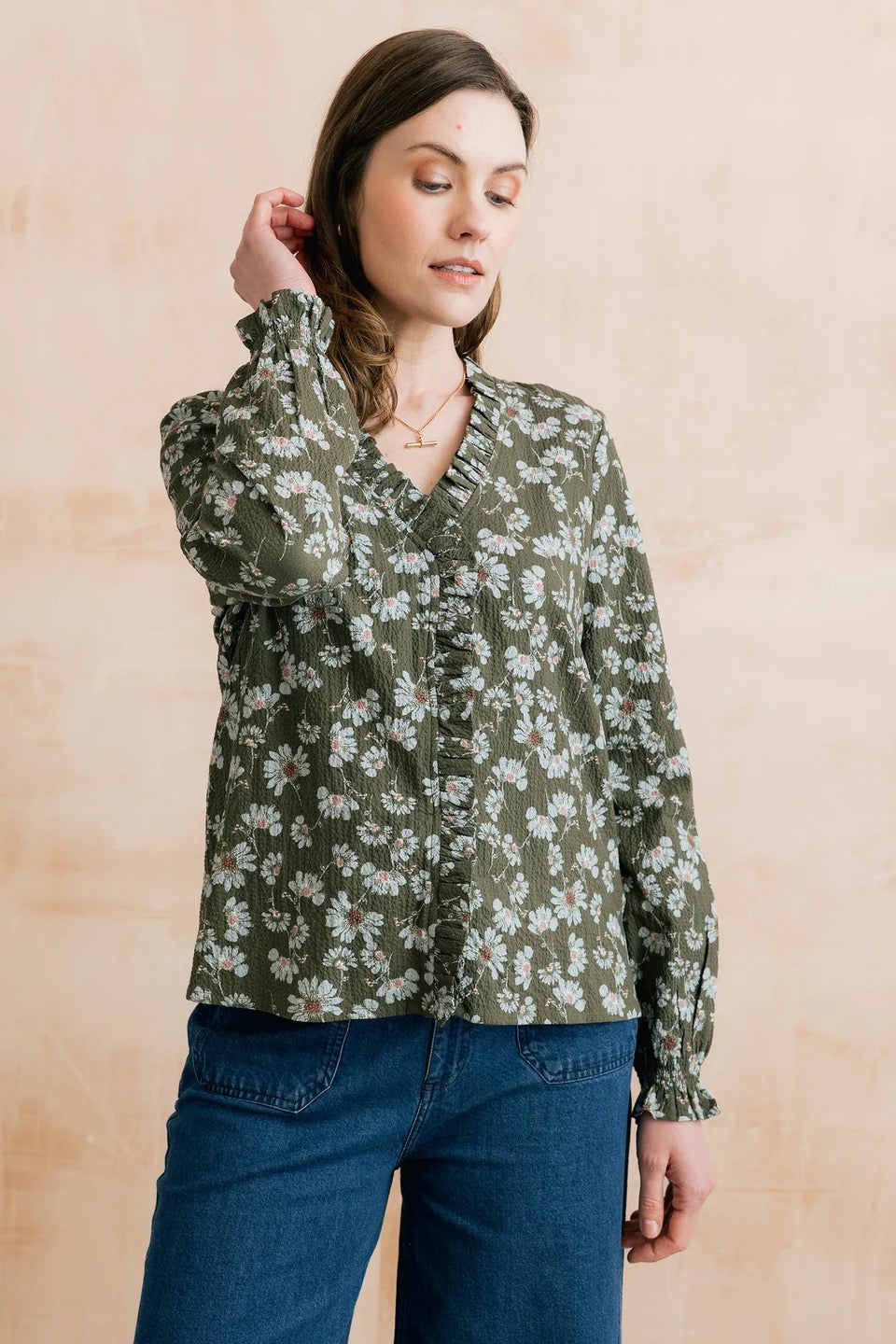 Kit Ruffle Textured Crepe Printed Blouse - Olive Green - Lily &amp; Me
