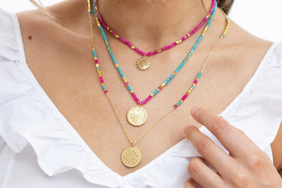 Boho Betty Odin Turquoise Pink Gemstone Gold Disc Necklace