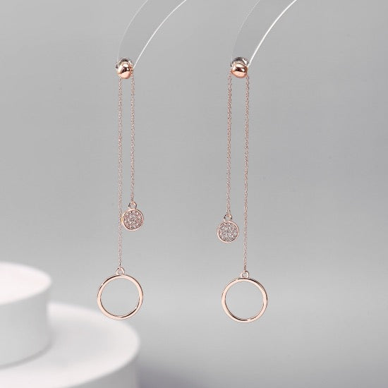 Gracee Jewellery Double Drop Chain Circle & Pave Crystal Dangly Earrings - Rose Gold