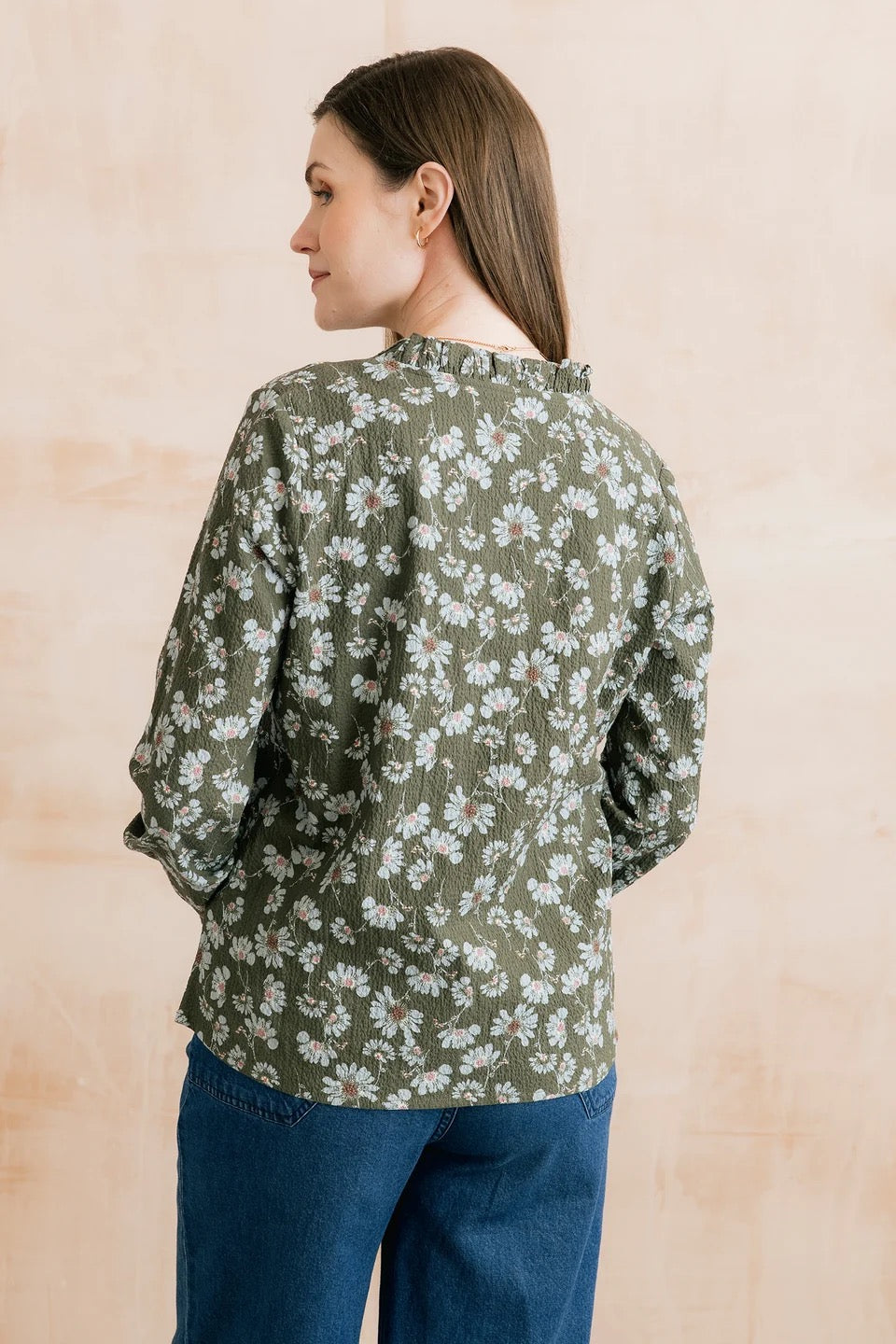 Kit Ruffle Textured Crepe Printed Blouse - Olive Green - Lily &amp; Me