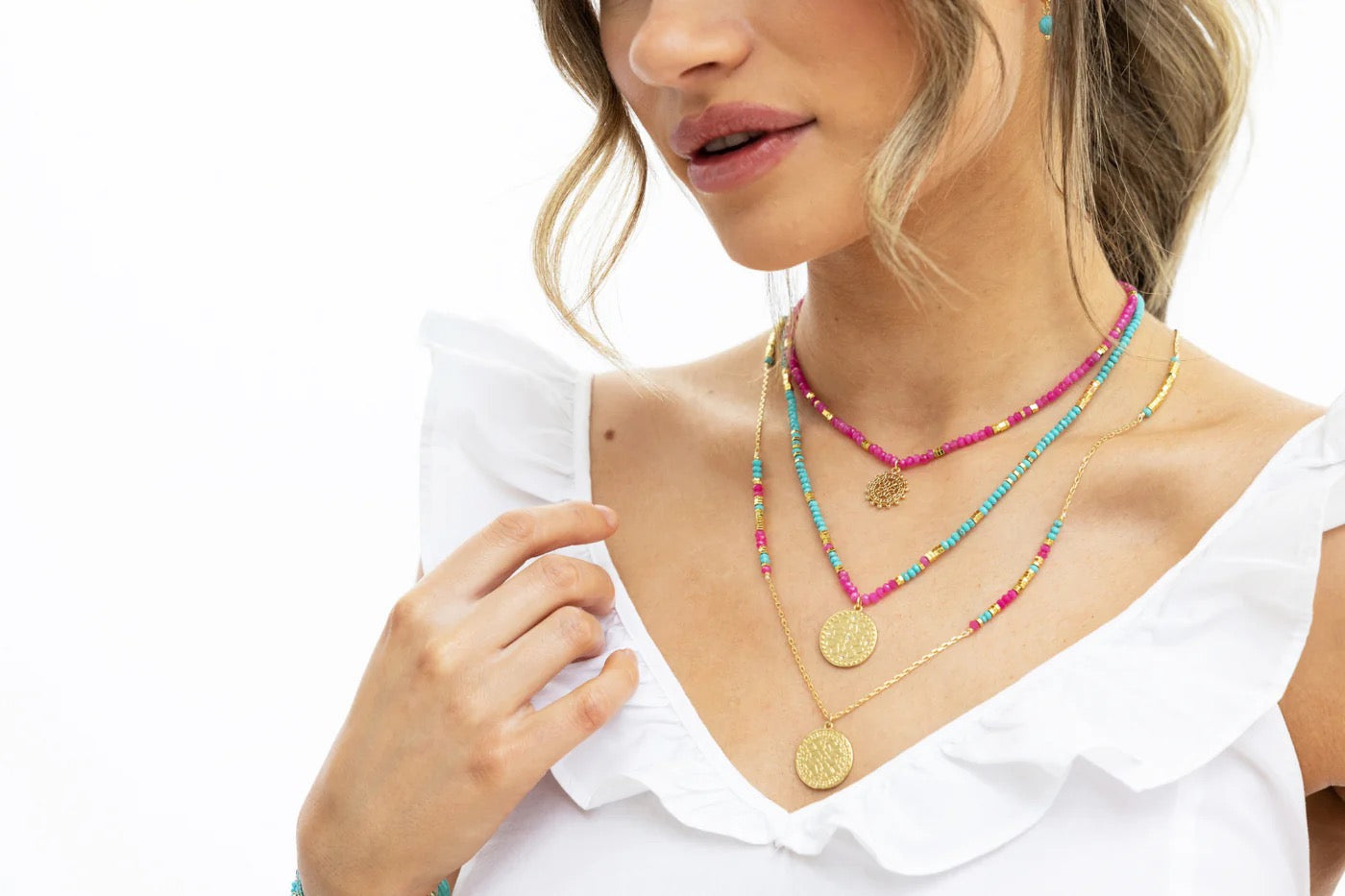 Boho Betty Odin Turquoise Pink Gemstone Gold Disc Necklace
