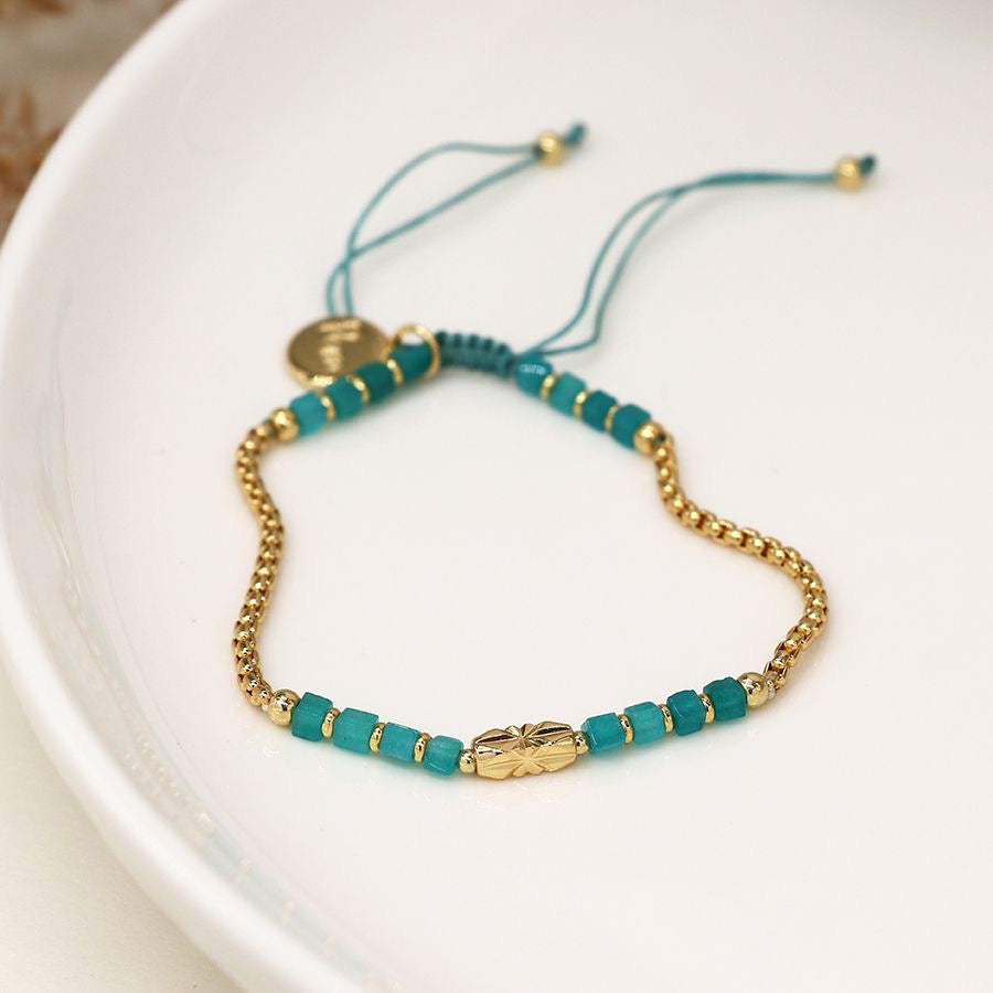 POM Turquoise & Gold Beaded & Chain Adjustable Slider Bracelet