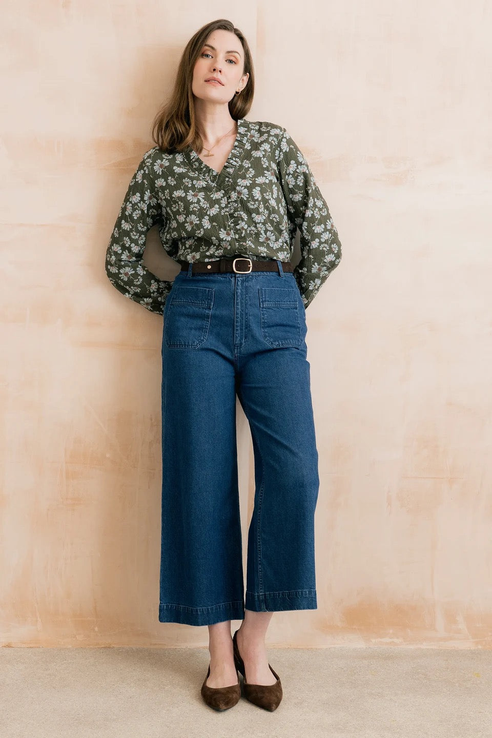 Kit Ruffle Textured Crepe Printed Blouse - Olive Green - Lily &amp; Me