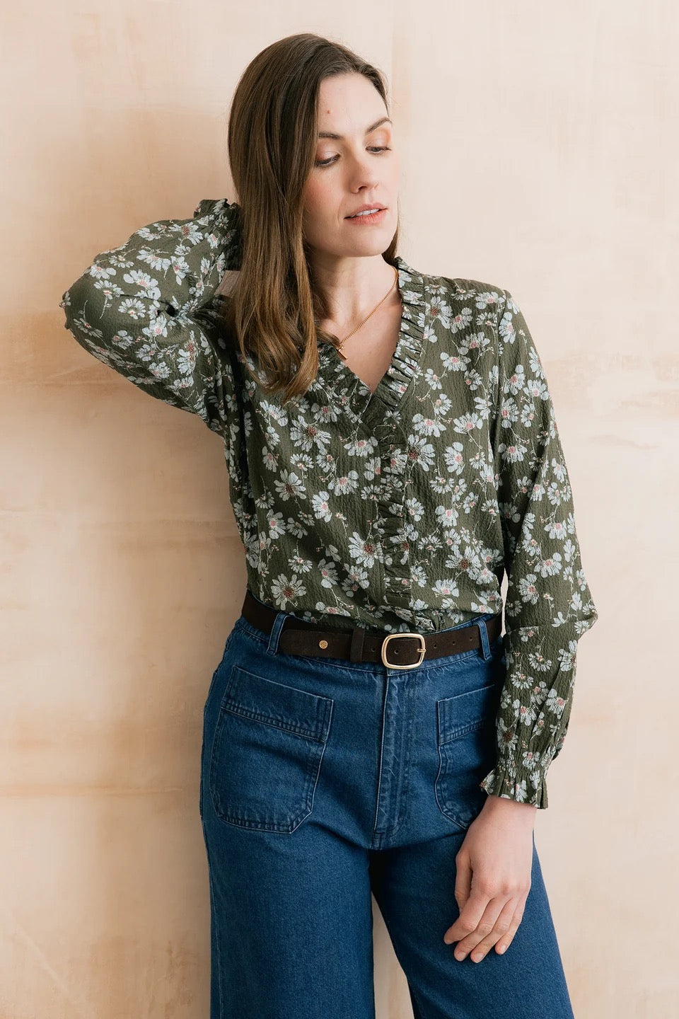 Kit Ruffle Textured Crepe Printed Blouse - Olive Green - Lily &amp; Me