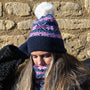 POM - Starflower Pattern Hat with Cream Fur Pompom - Navy