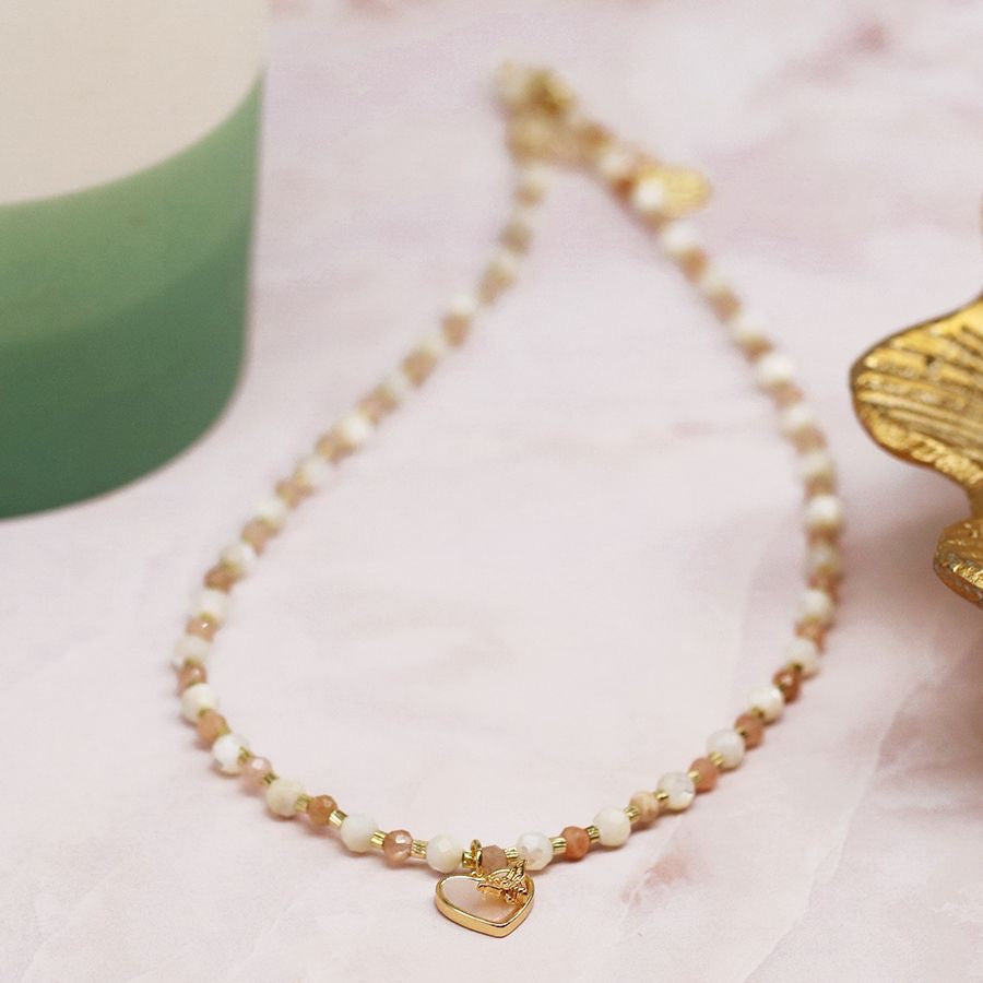 POM Gold Plated Blush & White Beaded Necklace with Shell Inset Heart & Bee Charm