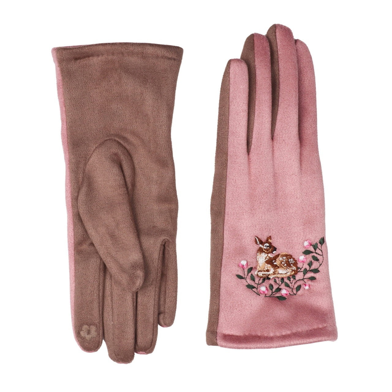 Zelly Deer Print Pink Faux Suede Gloves