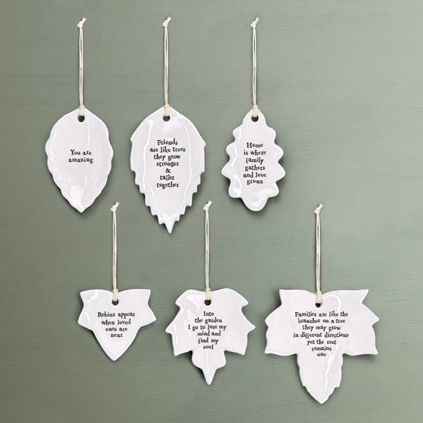 East of India Porcelain Hanging Small Leaf Decoration - Home is Where Family Gathers