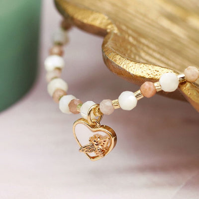 POM Gold Plated Blush & White Beaded Necklace with Shell Inset Heart & Bee Charm