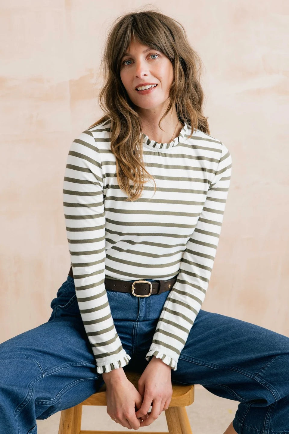 Marnie Long Sleeve Striped Frill Neck Jersey Top - Olive/Ecru - Lily &amp; Me