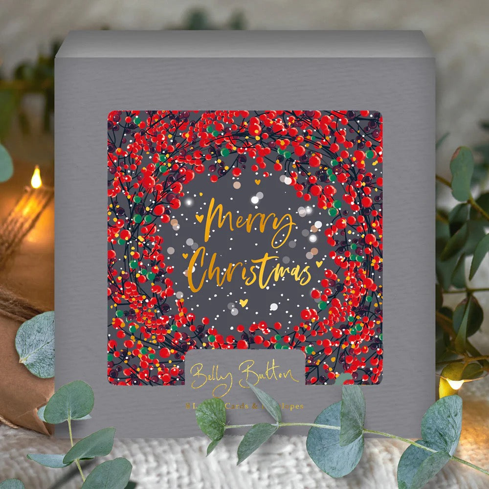 Belly Button Berries Border Luxury Box Christmas Cards - 8 Pack