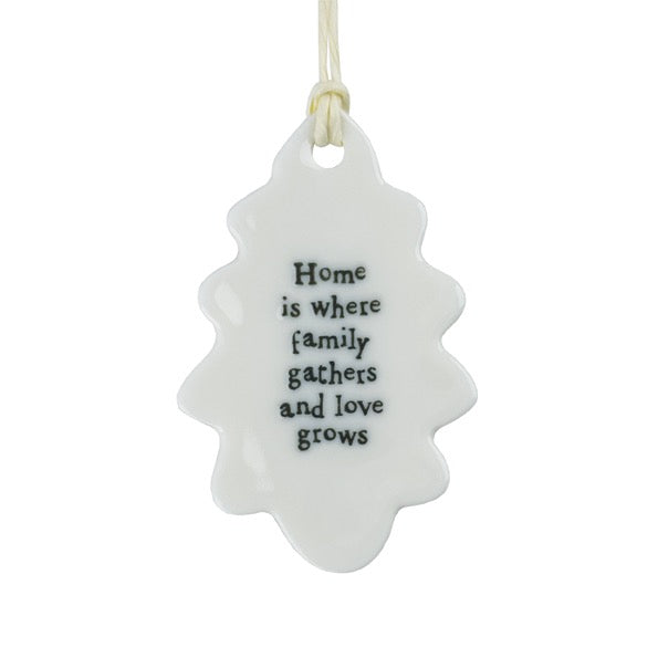 East of India Porcelain Hanging Small Leaf Decoration - Home is Where Family Gathers