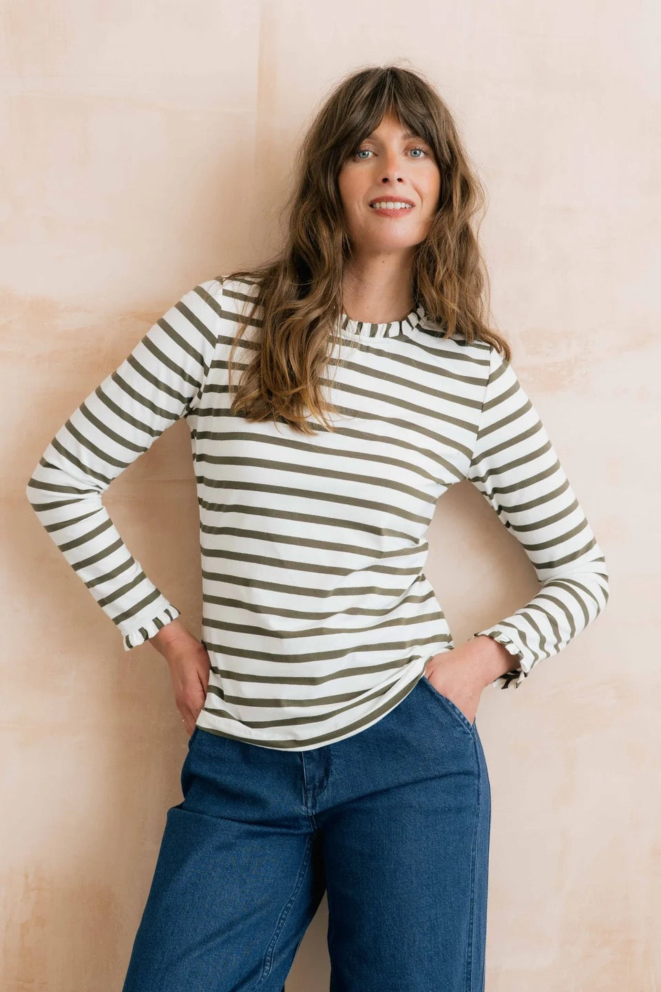 Marnie Long Sleeve Striped Frill Neck Jersey Top - Olive/Ecru - Lily &amp; Me