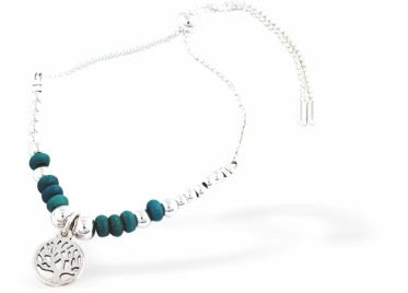 Byzantium Silver Tree of Life Charm with Sea Green Beads Slider Bracelet