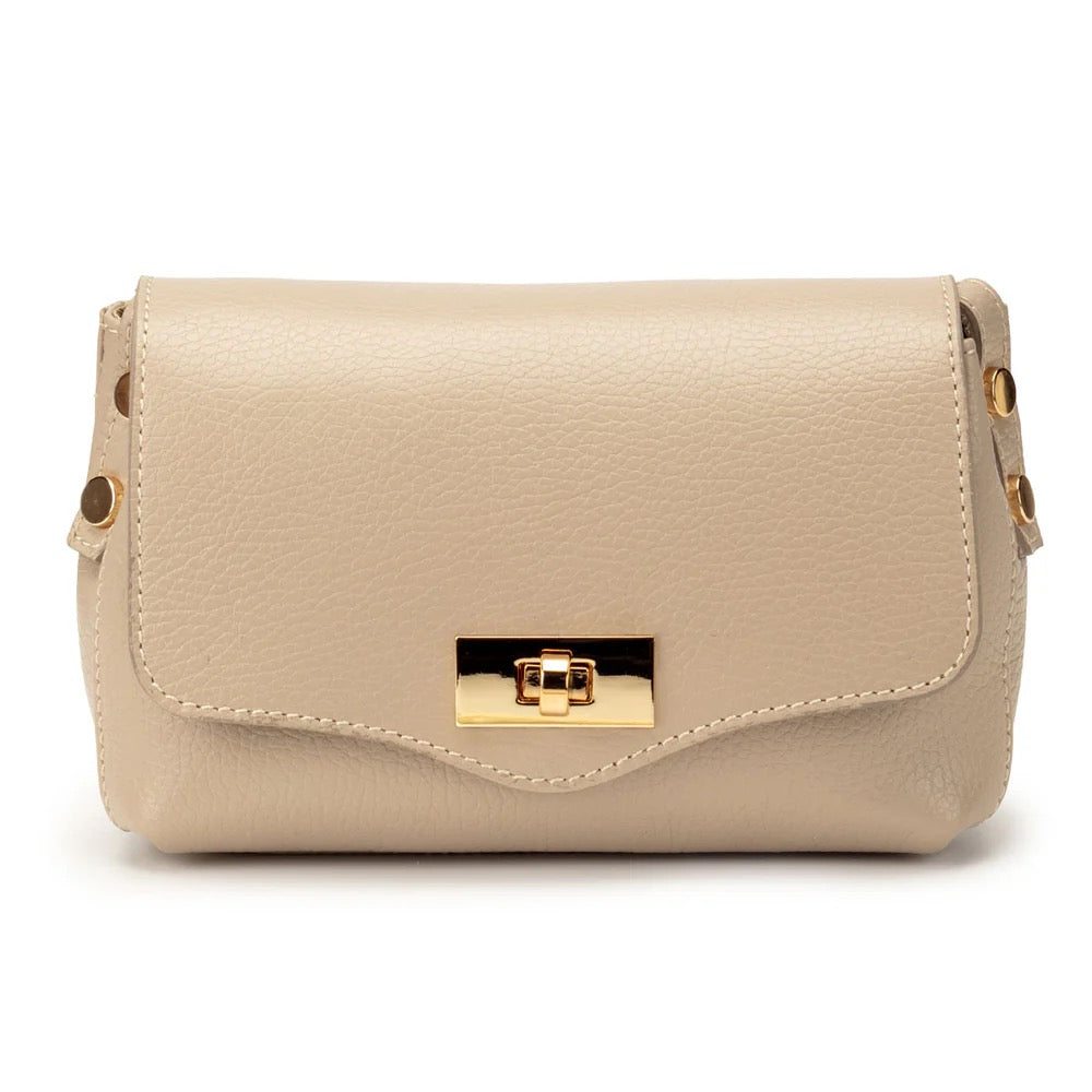 Elie Beaumont Leather Twist Lock Small Crossbody Bag - Biscuit (GOLD Fittings)