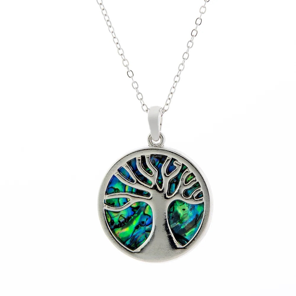 Byzantium Paua Shell Necklace - Large Circular Framed Tree of Life - Silver