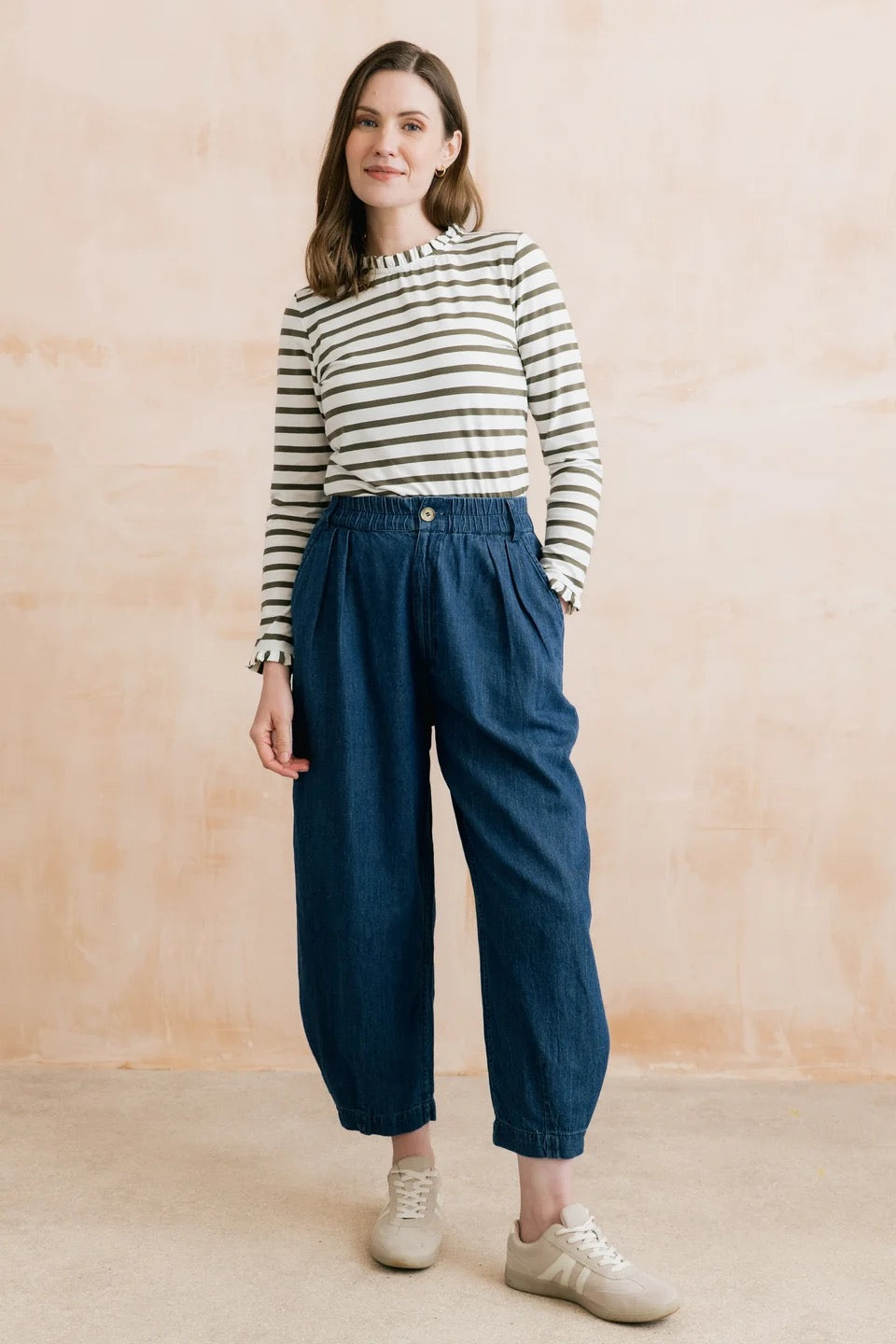 Marnie Long Sleeve Striped Frill Neck Jersey Top - Olive/Ecru - Lily &amp; Me