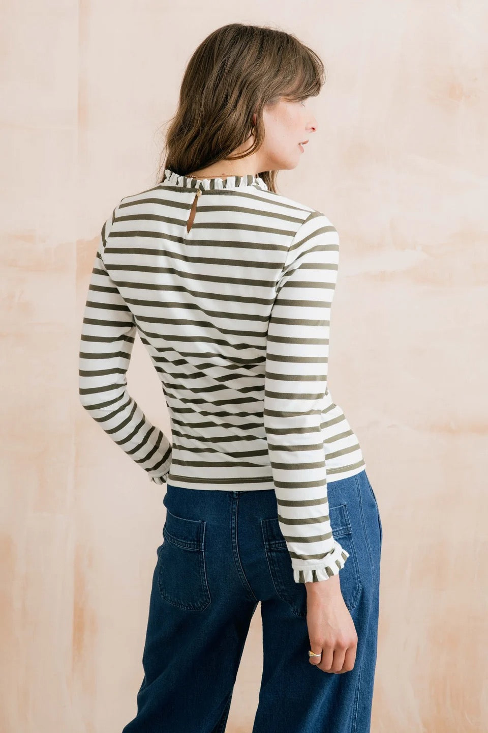 Marnie Long Sleeve Striped Frill Neck Jersey Top - Olive/Ecru - Lily &amp; Me
