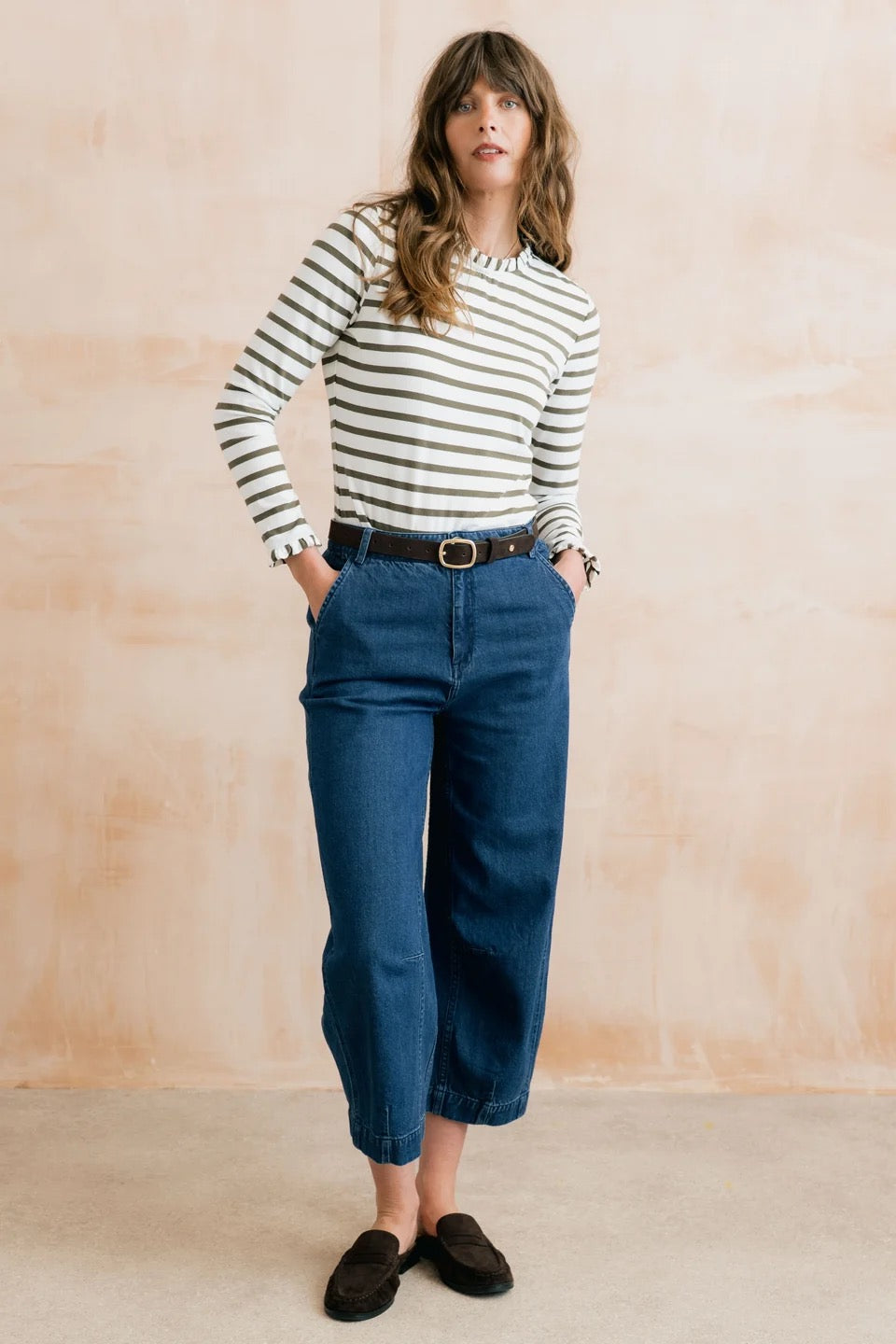 Marnie Long Sleeve Striped Frill Neck Jersey Top - Olive/Ecru - Lily &amp; Me