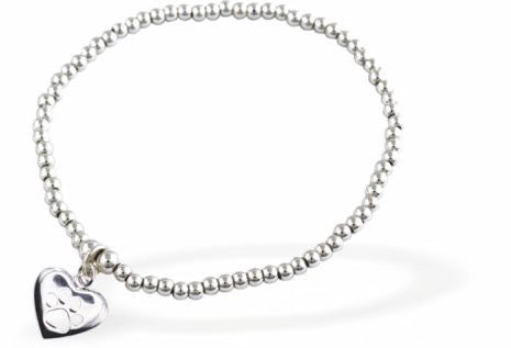 Byzantium Silver Coloured Beaded Bracelet with Silver Heart Paw Print Charm