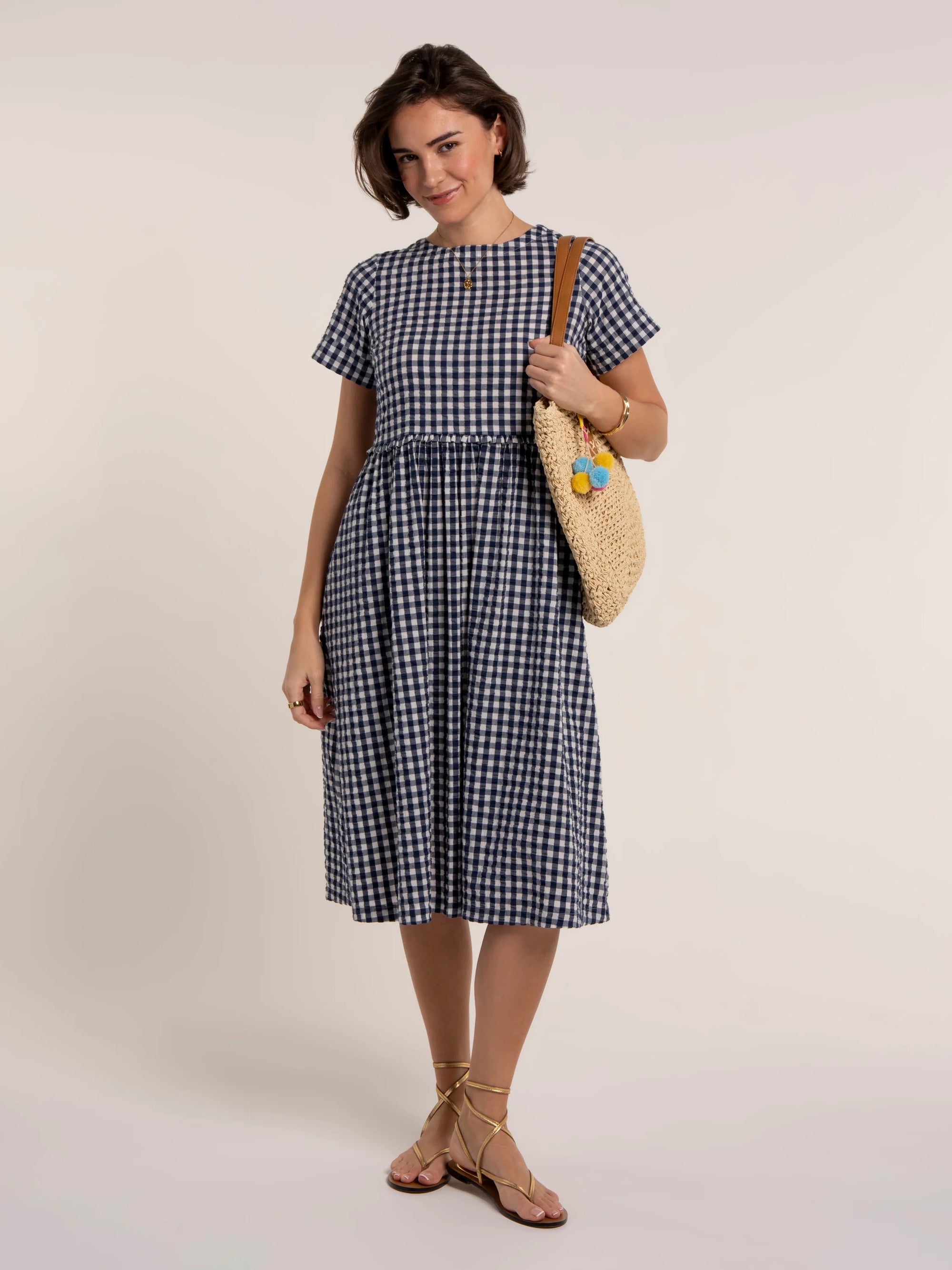 Brakeburn Perla Gingham Check Midi Dress - Navy/White