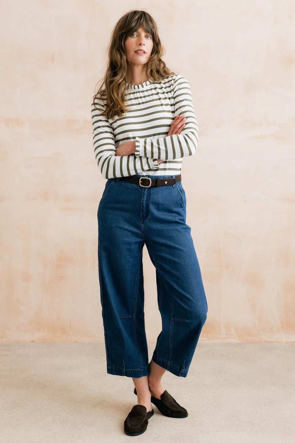 Marnie Long Sleeve Striped Frill Neck Jersey Top - Olive/Ecru - Lily &amp; Me