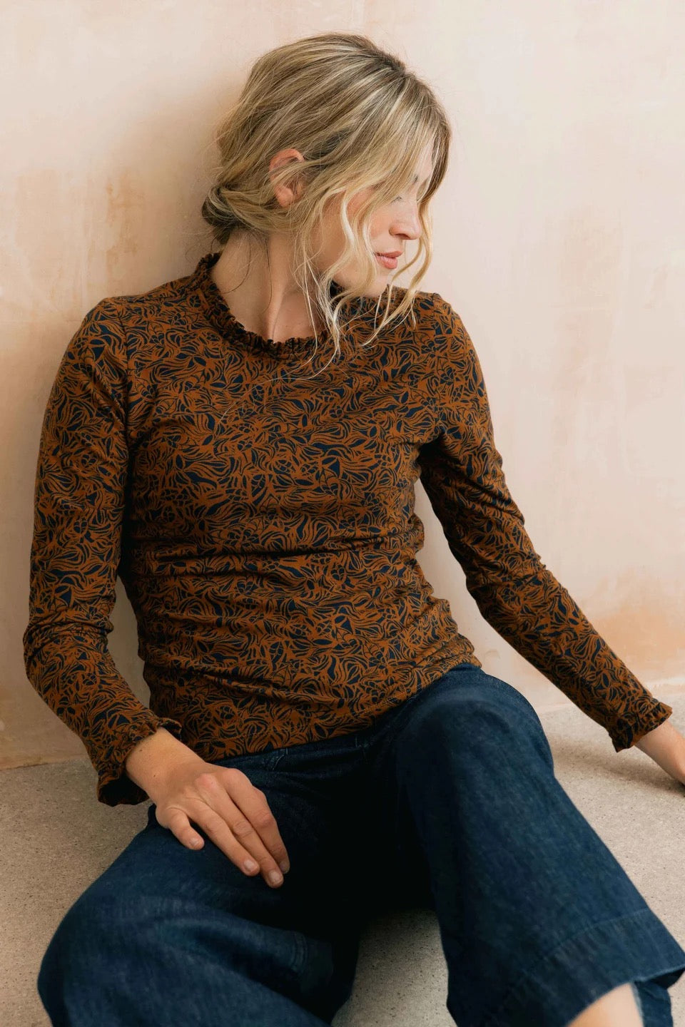 Marnie Long Sleeve Mono Foliage Frill Neck Jersey Top - Burnt Caramel - Lily &amp; Me