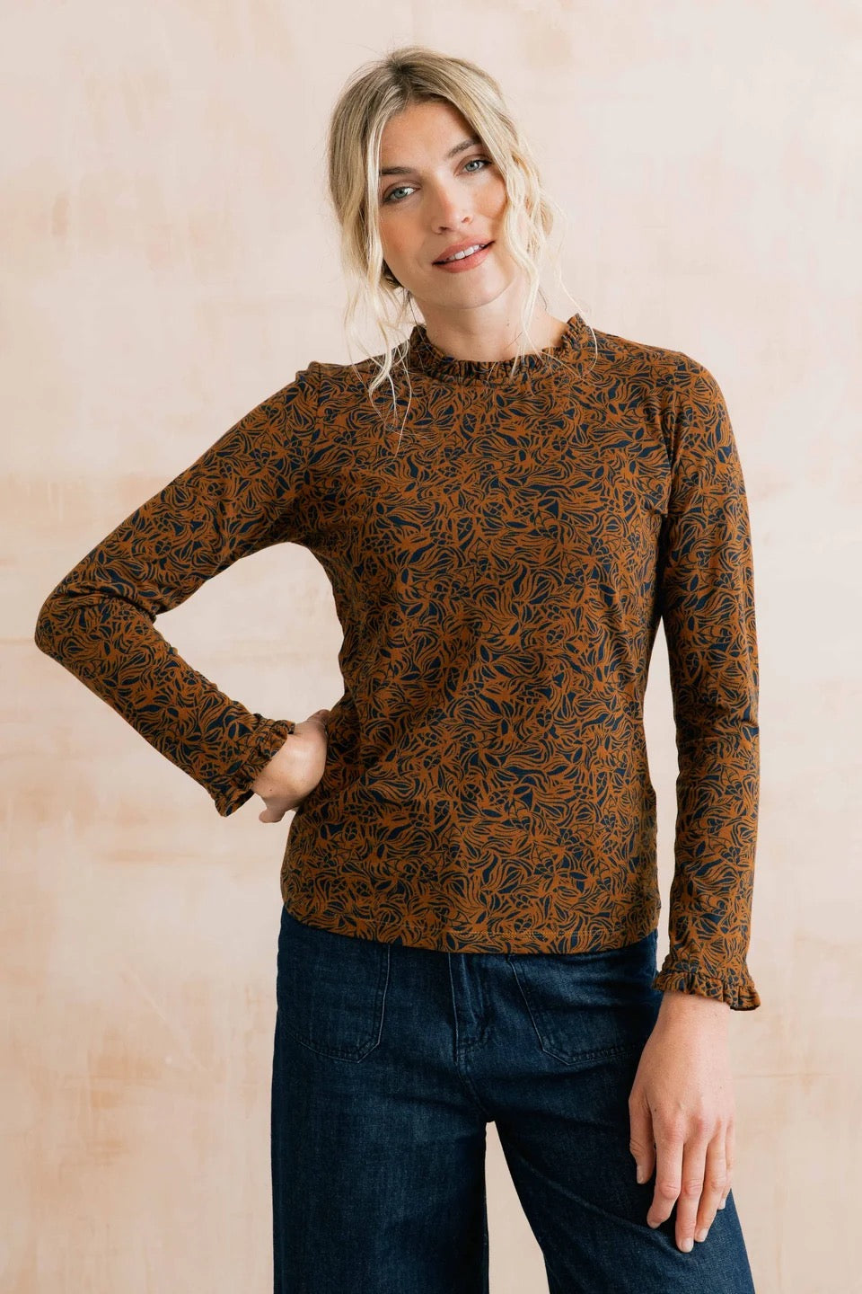 Marnie Long Sleeve Mono Foliage Frill Neck Jersey Top - Burnt Caramel - Lily &amp; Me